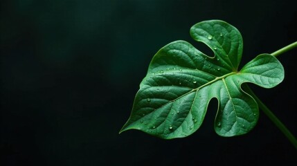 A Single Dew-Kissed Leaf Against a Dark Background, a Botanical Study in Emerald Green Hues