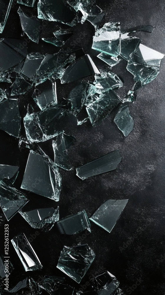 Poster artistic display of smashed glass pieces scattered over a black wallpaper background the sharp shard