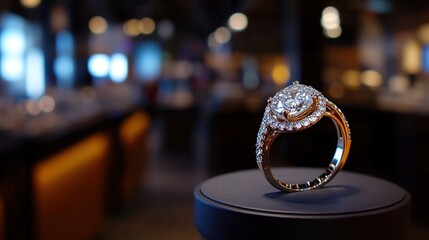 Diamond ring display, jewelry store, bokeh background, luxury retail