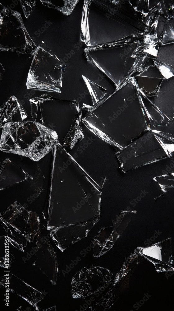 Poster artistic display of smashed glass pieces scattered over a black wallpaper background the sharp shard