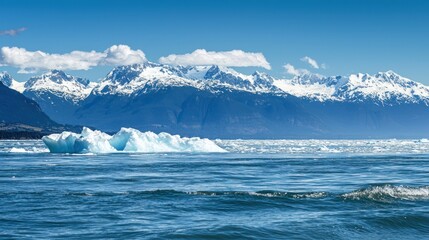 Fototapeta premium A dramatic view of an iceberg rising out of the ocean with snow-capped peaks