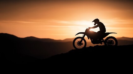 Fototapeta premium Sunset Motocross Rider Silhouette, Mountain Peak