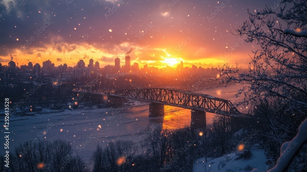 Poster the warmth of a sunset contrasts with the coolness of snow as it settles over a city bridge and skyl