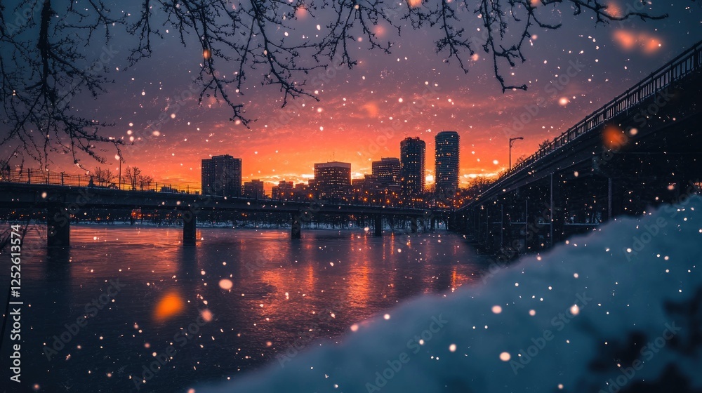 Poster the warmth of a sunset contrasts with the coolness of snow as it settles over a city bridge and skyl