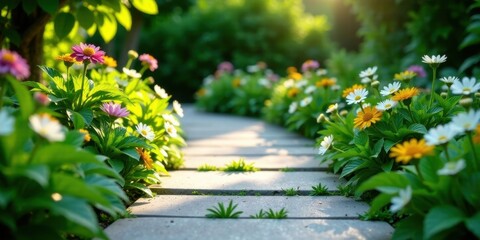 Serene Garden Path Adorned with Blooming Daisies and Vibrant Flowers Basking in Sunlight