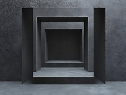 Nested square display niche in dark room.