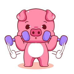 Cute Pig playing Lifting Dumbbell cartoon character. Kawaii animal sport concept design. Vector art illustration.