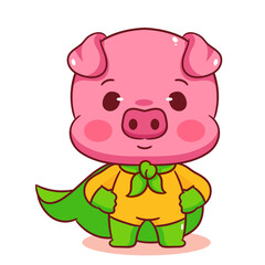 Cute pig superhero cartoon character. Kawaii animal concept design. Vector art illustration.