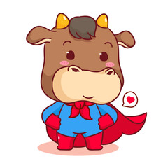 Cute Cow Superhero cartoon character. Kawaii animal concept design. Vector art illustration.