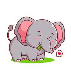 Cute elephant eating grass. Kawaii animal concept design. Vector art illustration.