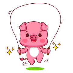 Cute pig playing jumping rope cartoon character. Kawaii animal sport concept design. Vector art illustration.