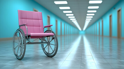 Fototapeta premium Pink wheelchair in long hospital corridor