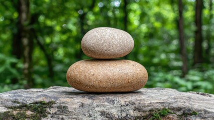 Stacked stones, zen garden, forest backdrop, meditative scene, tranquil moment, peaceful atmosphere, nature photography