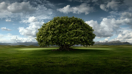 Obraz premium Solitary tree in green field, mountains backdrop, nature scene, peaceful landscape, environmental image