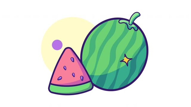 Animated watermelon slice with whole watermelon, featuring vibrant colors and sparkling effects. Perfect for summer, fruit, and healthy lifestyle content in 4K resolution with alpha channel