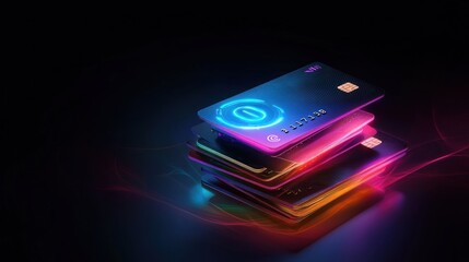 A stack of credit cards with vibrant colors and contactless payment symbols.