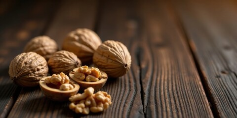 Obraz premium A Rustic Still Life Featuring Whole and Halved Walnuts on a Dark Wooden Surface