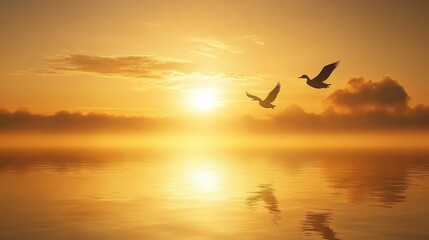 Fototapeta premium Two geese flying over still waters at sunrise, with the warm golden glow of the early morning sun reflecting off the water, evoking peace and beauty