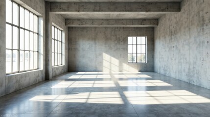 Fototapeta premium Sunlit Empty Industrial Space Polished Concrete Floor, Large Windows, and Exposed Beams