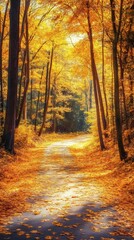 Obraz premium Autumn forest road with bright yellow leaves carpeting the path Sunlight streams through the trees casting long shadows and illuminating the rich colors of the fall foliage