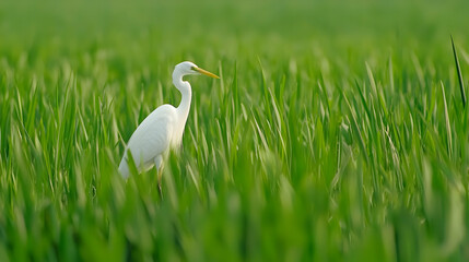 Fototapeta premium White Heron Standing Gracefully Among Lush Green Rice Fields