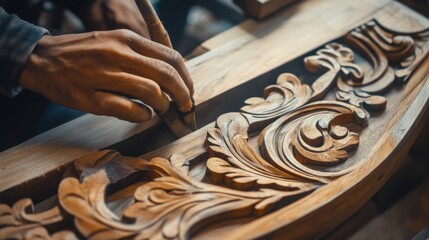 A detailed view of craftsmen carving intricate designs on wooden furniture in a traditional carpentry workshop, Carpentry workshop scene, Artistic and craftsmanship style