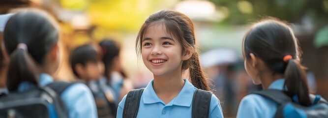 Joyful students conversing with one another as they go in a school hallway