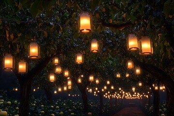 Obraz premium A nighttime orchard filled with lanterns hanging from tree branches, creating an inviting atmosphere for tastings during harvest festivities.
