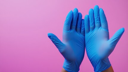 Obraz premium Blue gloves hands pink background hygiene protection