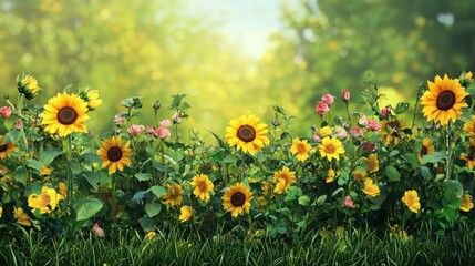 Obraz premium A vibrant summer garden with sunflowers, roses, and lush green grass.