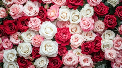 A lush rose garden with red, pink, and white roses creating a fragrant atmosphere.
