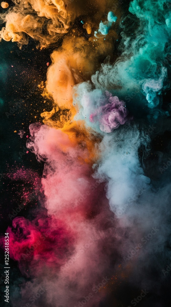 Poster energetic abstract composition with ten different colored dust smoke particles forming dynamic patte