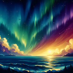 night sky and sea with aurora