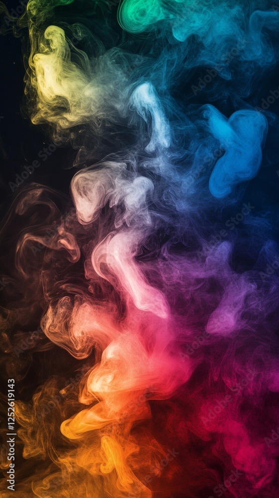 Poster energetic abstract composition with ten different colored dust smoke particles forming dynamic patte