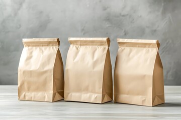 Three brown paper bags stand on a gray surface