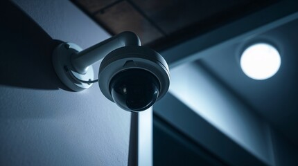 Security camera observing corridor with light providing safety and surveillance