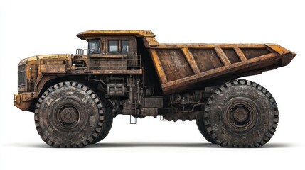 Obraz premium Rusty mining dump truck, side view, isolated. Industrial machinery image for construction or mining