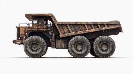 Fototapeta premium Rusty mining dump truck, side view, white background, industry