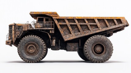 Rusty mining dump truck, side view, white background, industry (1)