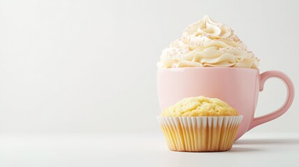 Pink cup of whipped cream, muffin, white background