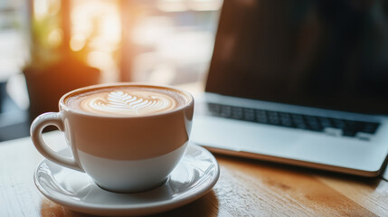 A cup of coffee on the table next to an open laptop, with sunlight streaming through large windows in the blurred background