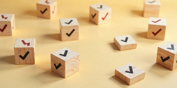 Wooden cubes with checkmarks scattered on a pale surface symbolize completion, achievement, and task management