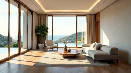 Fototapeta premium Serene Coastal Living Room with Panoramic Ocean View and Sunlit Hardwood Floors