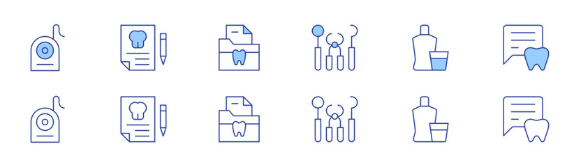 Dental icon set in two styles, Duotone and Thin Line style. Editable stroke. dentist, dental floss, dental insurance, mouthwash, documents, talk