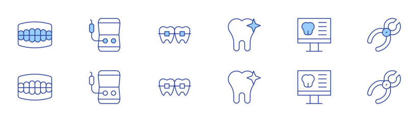 Dental icon set in two styles, Duotone and Thin Line style. Editable stroke. denture, dental irrigator, whitening, tooth, dental pliers, braces