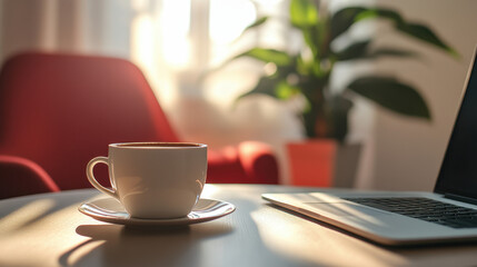 A cup of tea sits on the table next to an open laptop. Soft sunlight filters through the window