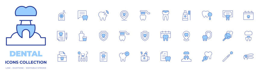 Dental icons collection. Line Duotone style, editable stroke. dentist, implant, dental, dental insurance, mouthwash, documents, clipboard, dental care, toothbrush, brush teeth