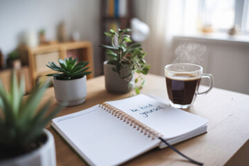 Mindful journaling session with coffee and plants on wooden desk