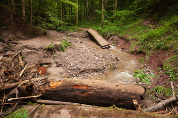 Hörschbachschlucht bei Murrhardt nach einem starken Gewitter. Zerstörte Wege und Brücken.