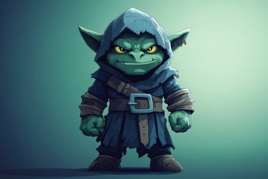 A menacing green goblin character with a hooded cloak standing guard - Powered by Adobe